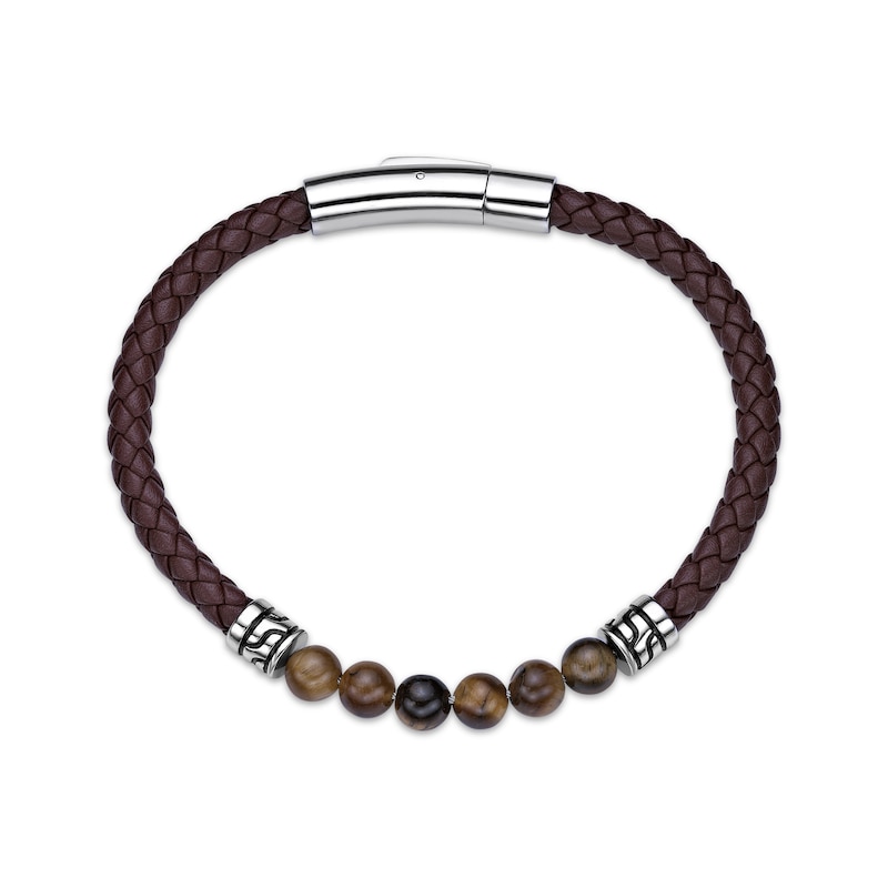 Main Image 2 of Men's Tiger Eye Bead & Brown Leather Bracelet Stainless Steel 8.5&quot;