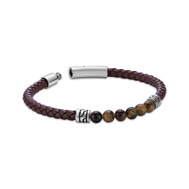 Men's Tiger Eye Bead & Brown Leather Bracelet Stainless Steel 8.5"