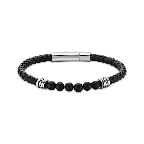 Men's Agate Beaded & Black Leather Bracelet Stainless Steel 8.5"