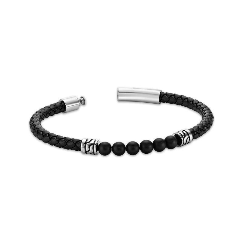 Men's Agate Beaded & Black Leather Bracelet Stainless Steel 8.5"