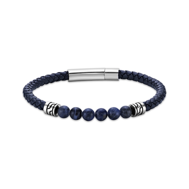 Main Image 1 of Men's Sodalite & Blue Leather Bracelet Stainless Steel 8.5&quot;