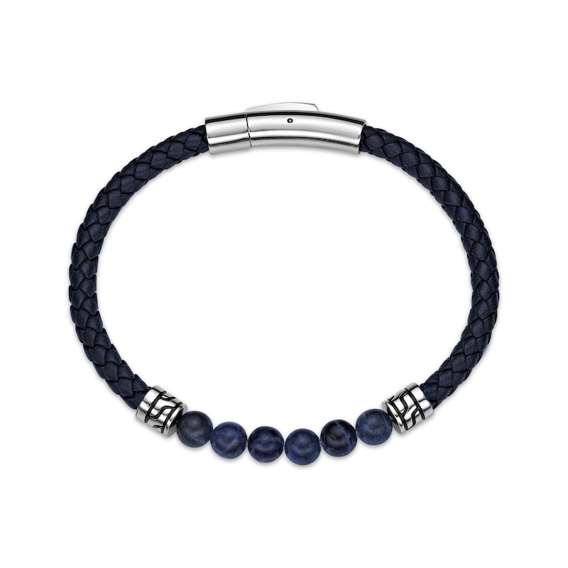 Main Image 2 of Men's Sodalite & Blue Leather Bracelet Stainless Steel 8.5&quot;
