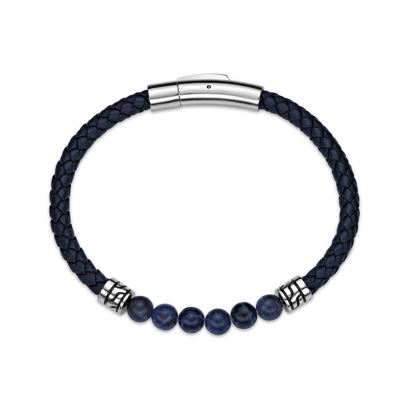 Men's Sodalite & Blue Leather Bracelet Stainless Steel 8.5"