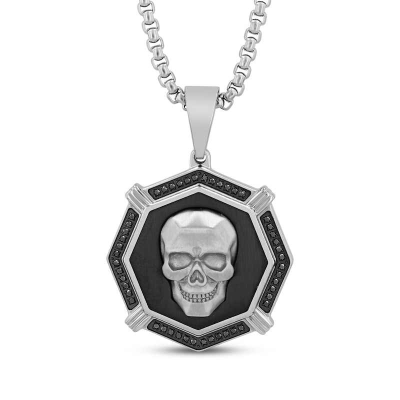 Main Image 1 of Men's Black Diamond Octagon Skull Necklace 1/4 ct tw Stainless Steel & Black Ion Plating 24"