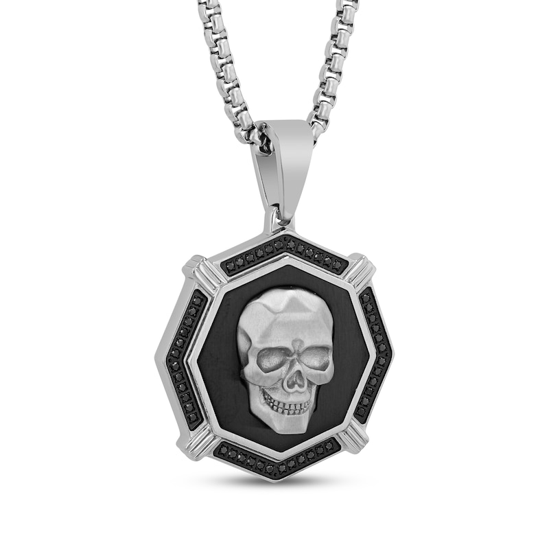 Main Image 2 of Men's Black Diamond Octagon Skull Necklace 1/4 ct tw Stainless Steel & Black Ion Plating 24"