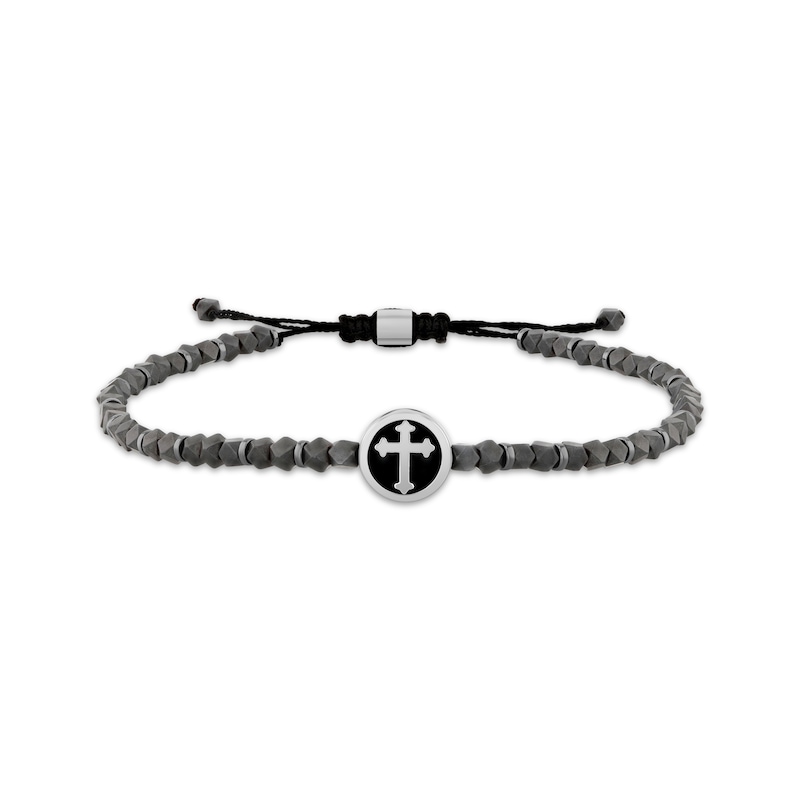 Men's Black Enamel Cross Charm & Black Hematite Bead Bolo Bracelet Stainless Steel