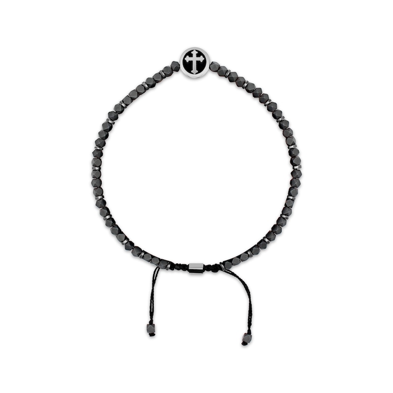 Main Image 2 of Men's Black Enamel Cross Charm & Black Hematite Bead Bolo Bracelet Stainless Steel