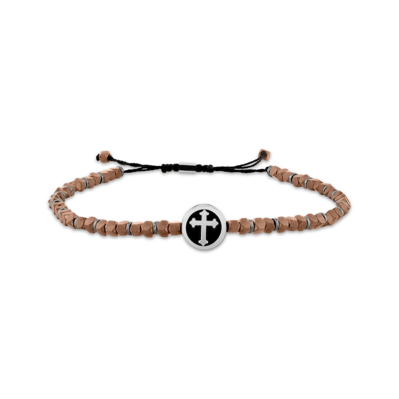 Main Image 1 of Men's Black Enamel Cross Charm & Brown Hematite Bead Bolo Bracelet Stainless Steel