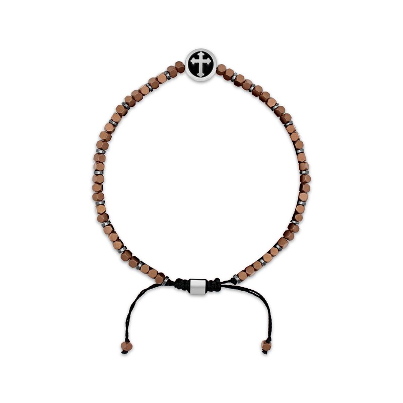 Main Image 2 of Men's Black Enamel Cross Charm & Brown Hematite Bead Bolo Bracelet Stainless Steel
