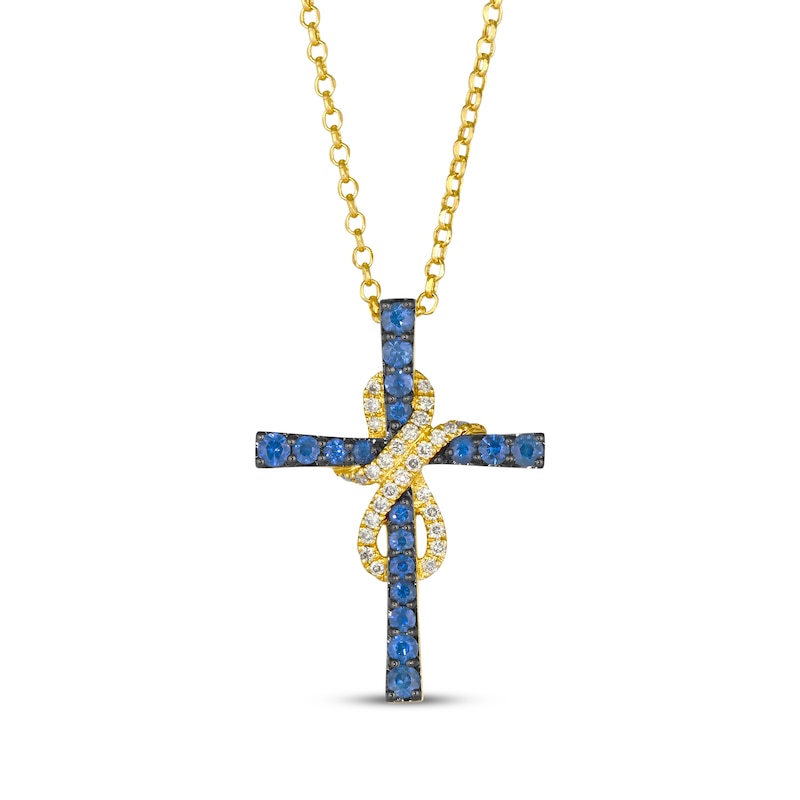 Main Image 1 of Le Vian Blue Sapphire Cross Necklace 5/8 ct tw Diamonds 14K Honey Gold 19&quot;