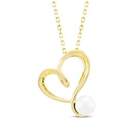 Cultured Pearl Tilted Heart Necklace 10K Yellow Gold 18"