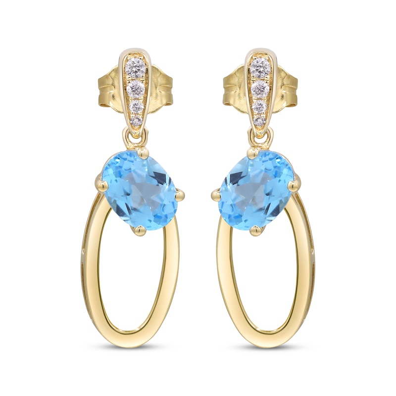 Main Image 2 of Oval-Cut Swiss Blue Topaz & Diamond Doorknocker Earrings 1/15 ct tw 10K Yellow Gold