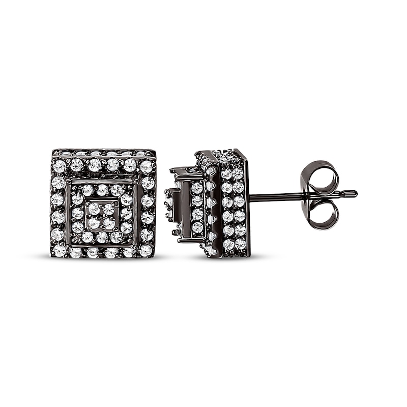 Men's White Sapphire Stepped Square Stud Earrings Black Ion-Plated Stainless Steel