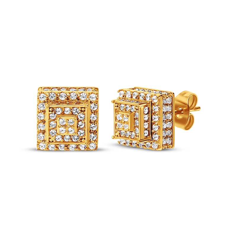 Men's White Sapphire Stepped Square Stud Earrings Yellow Ion-Plated Stainless Steel