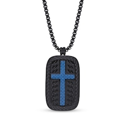 Men's Cross Dog Tag Necklace Black & Blue Ion-Plated Stainless Steel 24"