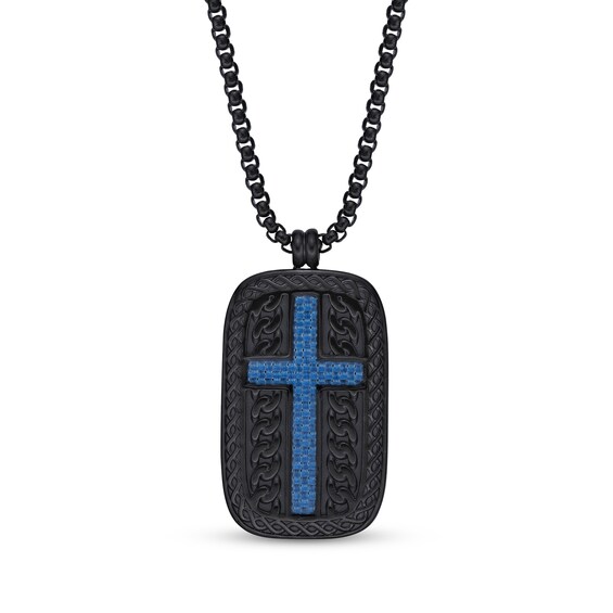 Men's Cross Dog Tag Necklace Black & Blue Ion-Plated Stainless Steel 24"
