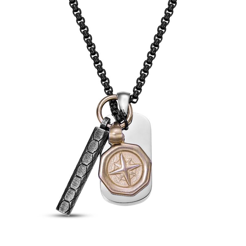Main Image 1 of Men's Multi-Pendant Necklace Stainless Steel with Black & Yellow Ion Plating 24&quot;