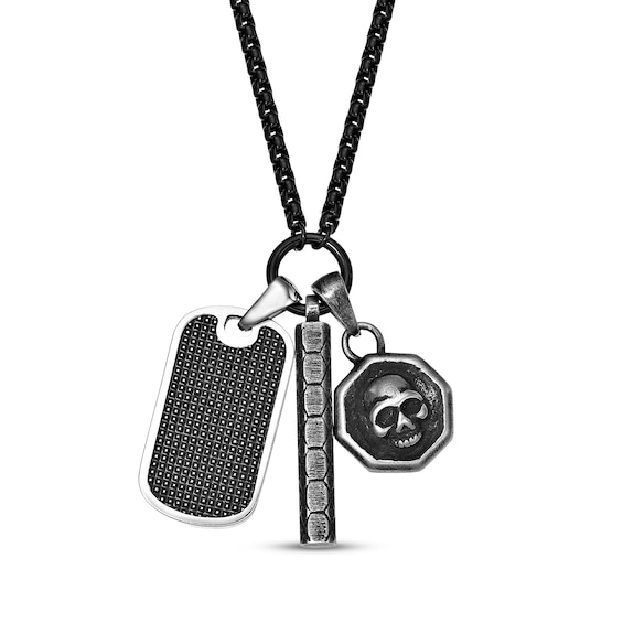 Men's Multi-Pendant Necklace Stainless Steel with Black Ion Plating 24"
