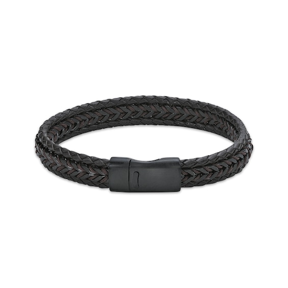 Men's Braided Bracelet Brown Leather & Black Ion-Plated Stainless Steel 8.75"