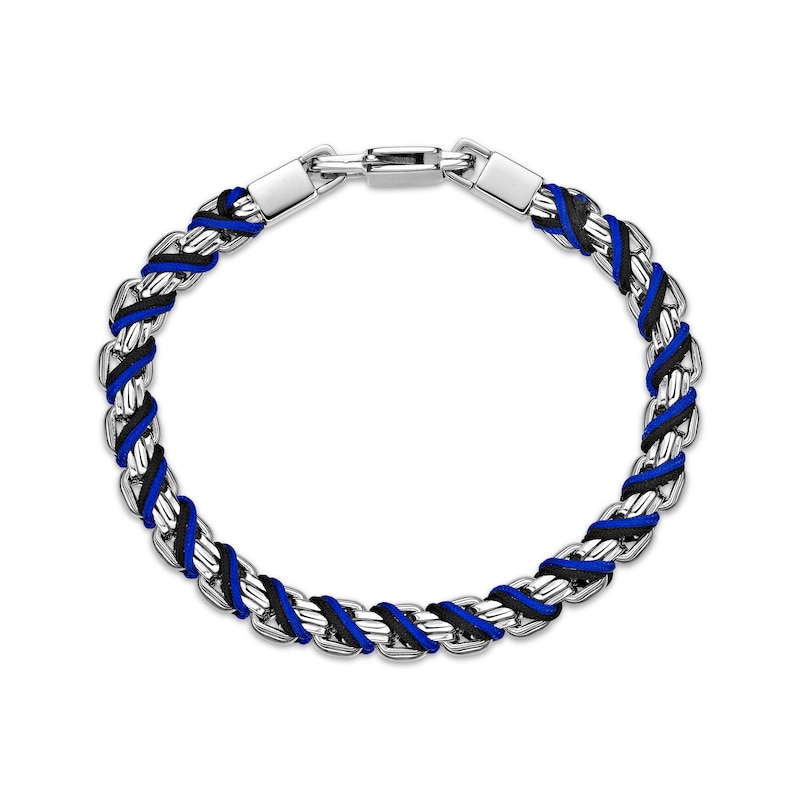 Main Image 2 of Men's Black & Blue Cord Box Chain Bracelet Hollow Stainless Steel 8&quot;