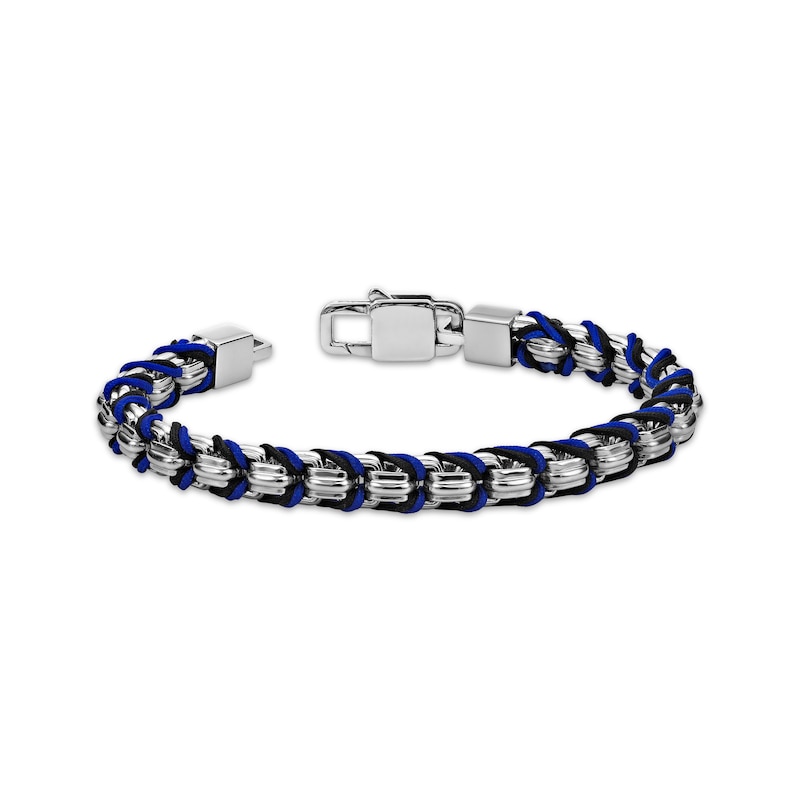 Main Image 3 of Men's Black & Blue Cord Box Chain Bracelet Hollow Stainless Steel 8&quot;
