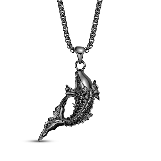 Men's Black Spinel Koi Necklace Gunmetal Ion-Plated Stainless Steel 24"