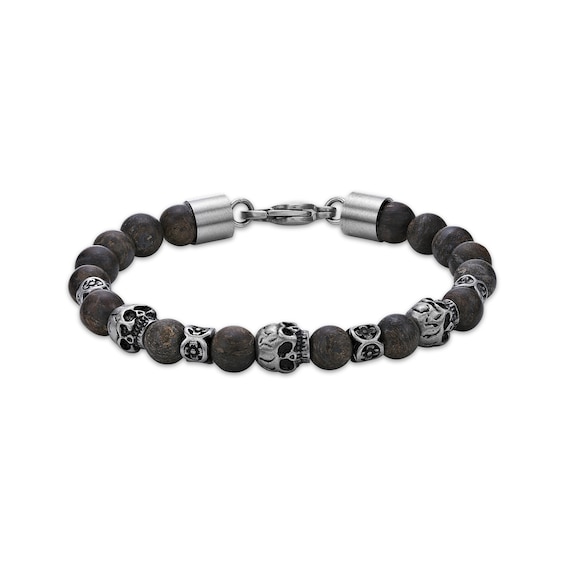 Men's Bronzite & Skull Bead Bracelet Stainless Steel 8.5"