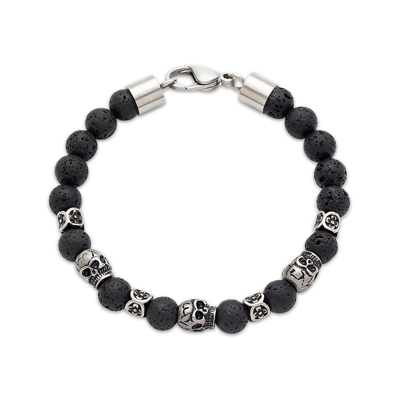 Main Image 2 of Men's Bronzite & Skull Bead Bracelet Stainless Steel 8.5&quot;