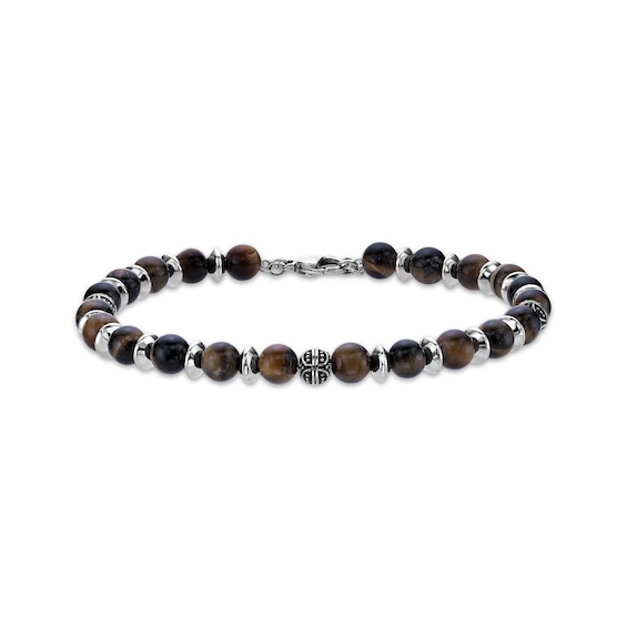 Men's Tiger's Eye Quartz Bead Bracelet Stainless Steel 8.5"