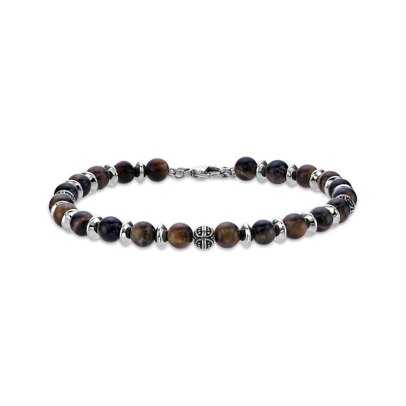 Main Image 1 of Men's Tiger's Eye Quartz Bead Bracelet Stainless Steel 8.5&quot;