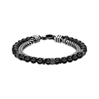 Men's Black Agate Bead & Foxtail Chain Bracelet Stainless Steel 8.5"