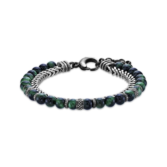 Men's Green Tiger's Eye Quartz Bead & Chain Layered Bracelet Stainless Steel 8.5"