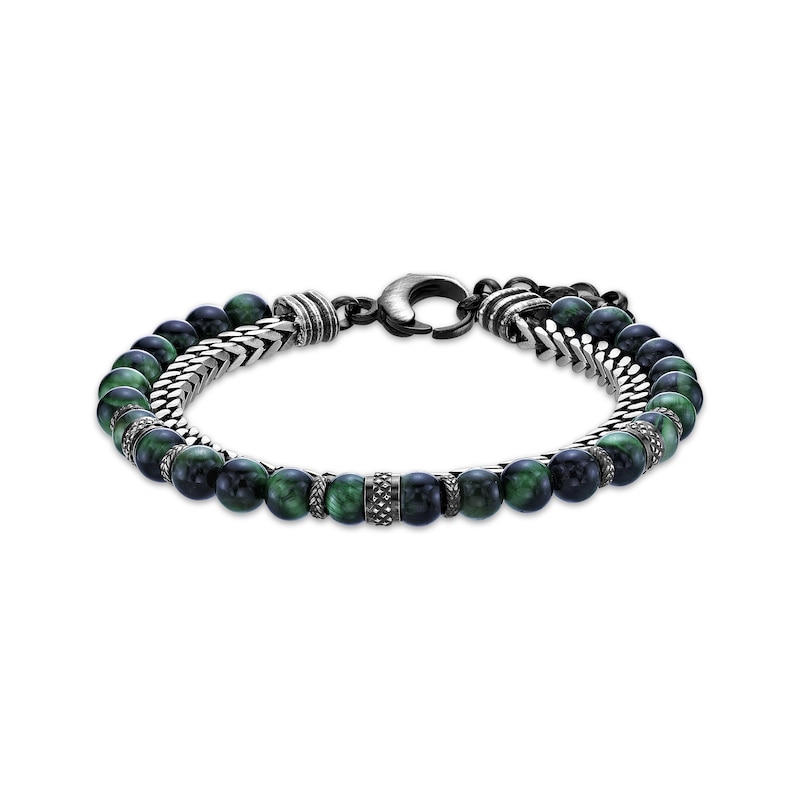 Main Image 1 of Men's Green Tiger's Eye Quartz Bead & Chain Layered Bracelet Stainless Steel 8.5&quot;