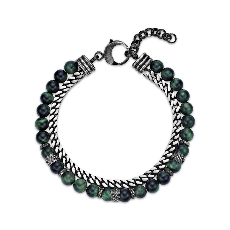 Main Image 2 of Men's Green Tiger's Eye Quartz Bead & Chain Layered Bracelet Stainless Steel 8.5&quot;