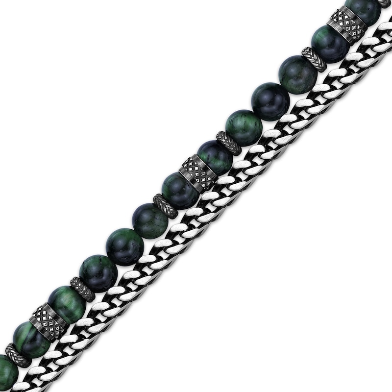 Main Image 3 of Men's Green Tiger's Eye Quartz Bead & Chain Layered Bracelet Stainless Steel 8.5&quot;