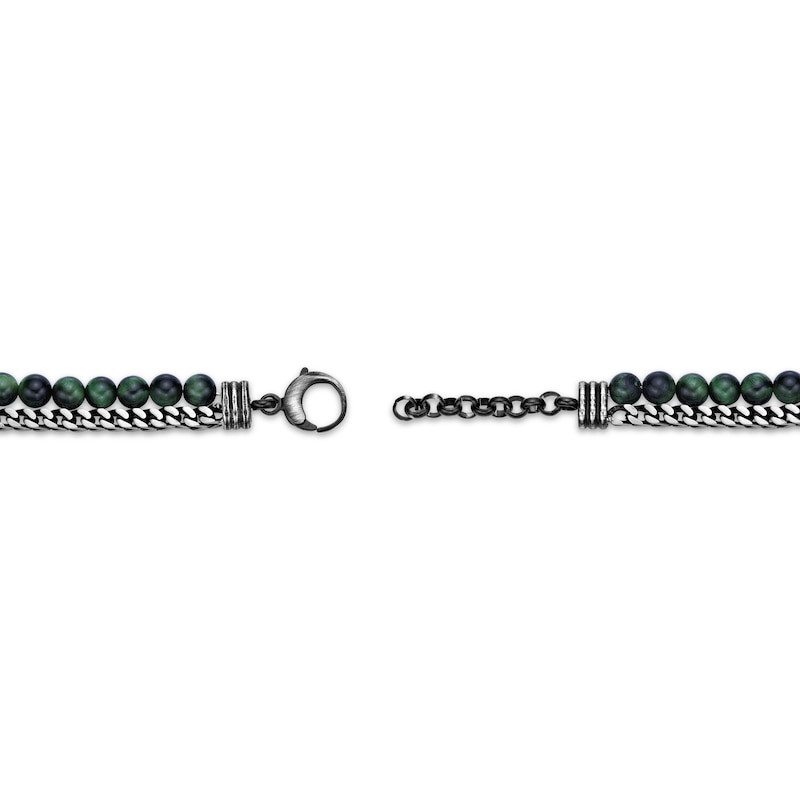 Main Image 4 of Men's Green Tiger's Eye Quartz Bead & Chain Layered Bracelet Stainless Steel 8.5&quot;