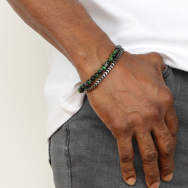 Main Image 5 of Men's Green Tiger's Eye Quartz Bead & Chain Layered Bracelet Stainless Steel 8.5&quot;