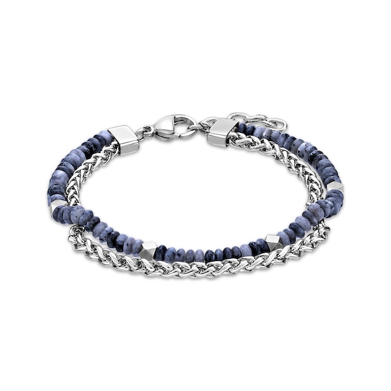 Men's Black Labradorite Bead & Chain Layered Bracelet Stainless Steel 9.2"