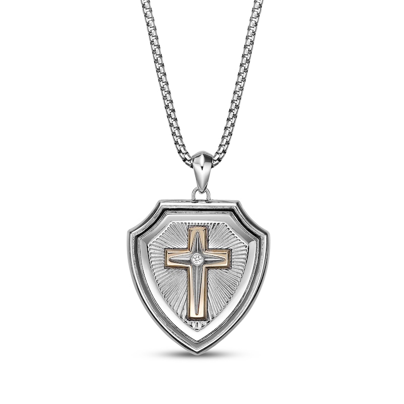Main Image 1 of Men's White Lab-Created Sapphire Cross Shield Necklace Stainless Steel & Yellow Ion Plating 24&quot;