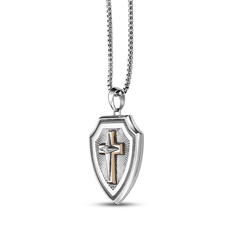 Main Image 2 of Men's White Lab-Created Sapphire Cross Shield Necklace Stainless Steel & Yellow Ion Plating 24&quot;
