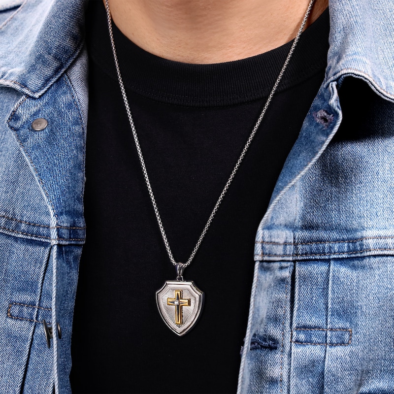 Main Image 5 of Men's White Lab-Created Sapphire Cross Shield Necklace Stainless Steel & Yellow Ion Plating 24&quot;