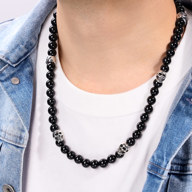 Main Image 4 of Men's Black Agate & Skull Bead Necklace Stainless Steel 24&quot;