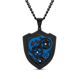 Men's Gears Shield Necklace Black & Blue Ion-Plated Stainless Steel 24"