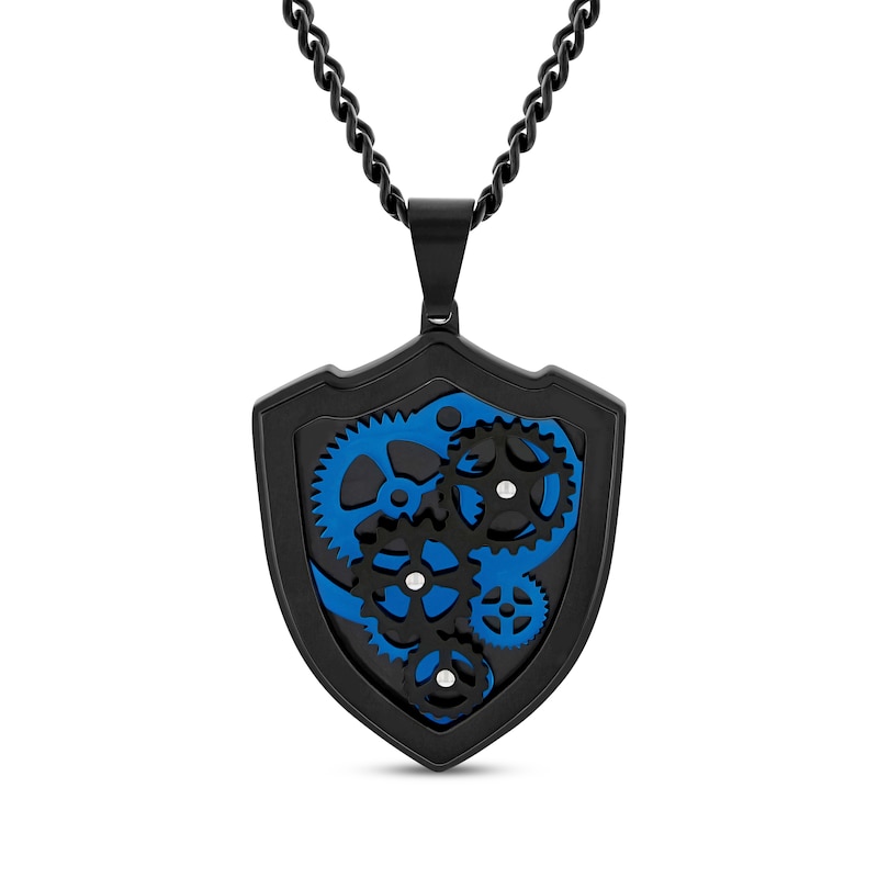 Main Image 1 of Men's Gears Shield Necklace Black & Blue Ion-Plated Stainless Steel 24&quot;