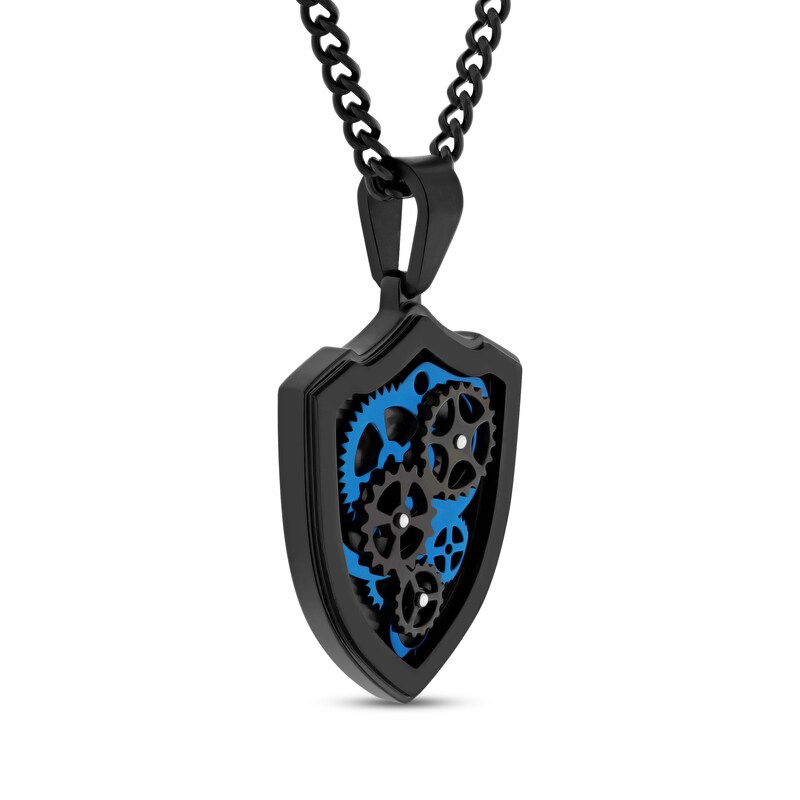 Main Image 2 of Men's Gears Shield Necklace Black & Blue Ion-Plated Stainless Steel 24&quot;