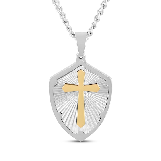 Men's Cross Shield Necklace Stainless Steel & Yellow Ion Plating 24"