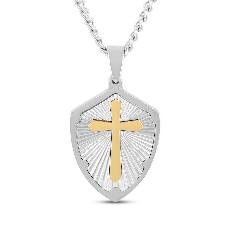 Main Image 1 of Men's Cross Shield Necklace Stainless Steel & Yellow Ion Plating 24&quot;