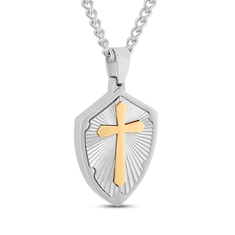 Main Image 2 of Men's Cross Shield Necklace Stainless Steel & Yellow Ion Plating 24&quot;