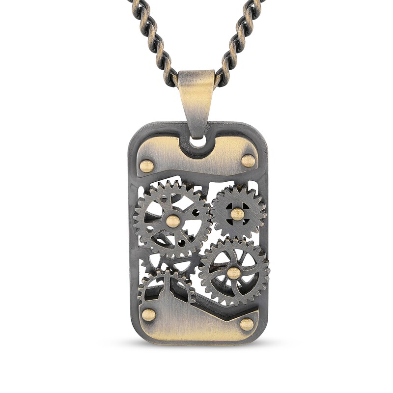 Main Image 1 of Men's Gunmetal Gears Necklace Yellow & Black Ion-Plated Stainless Steel 24&quot;