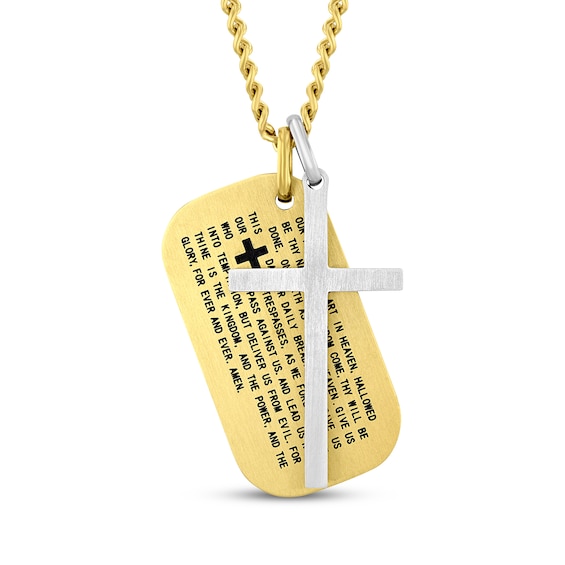 Men's Cross & Lord's Prayer Dog Tag Necklace Stainless Steel & Yellow Ion Plating 24"